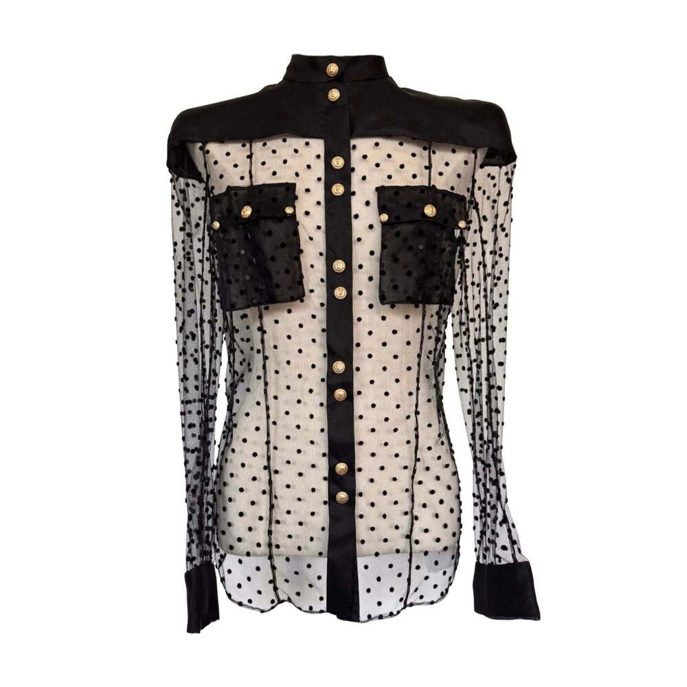 Balmain - Long Sleeve Black Polka Dot Silk Shirt with Gold Buttons - IT 40
